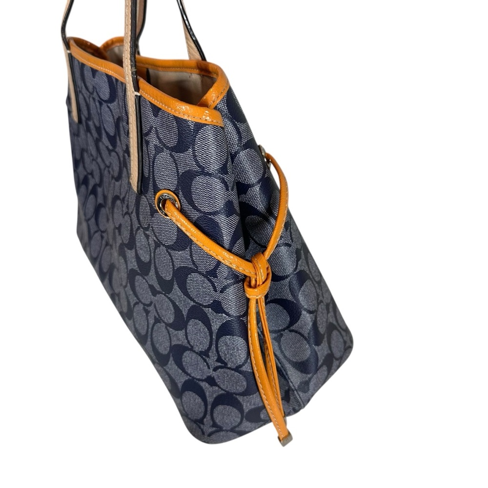 COACH Signature Coated Canvas Drawstring Carryall Bag Denim Blue & Orange Detail - Picture 13 of 14
